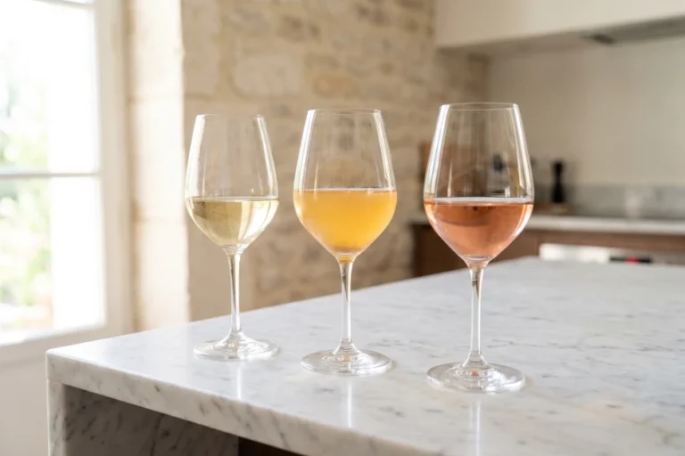 Drei Weingläser auf heller Marmorplatte: klarer Weißwein, naturtrüber Naturwein in der Mitte und Rosé