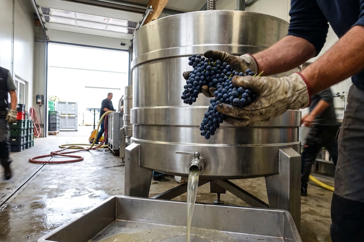 Winzerhände mit dunklen Spätburgunder-Trauben über einer Edelstahlpresse, aus der heller Most läuft