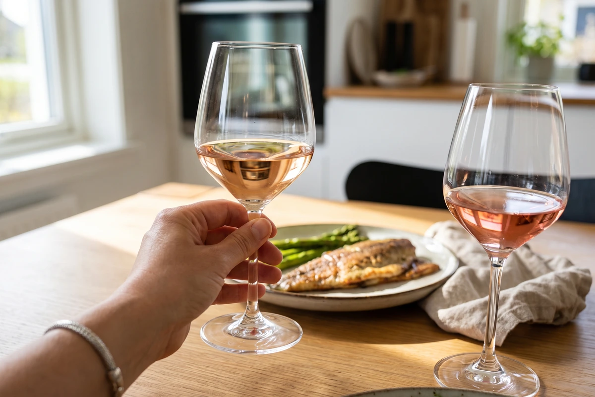 Ein Glas blassgoldener Blanc de Noir neben einem Glas Rosé auf einem gedeckten Tisch mit Forelle und Spargel