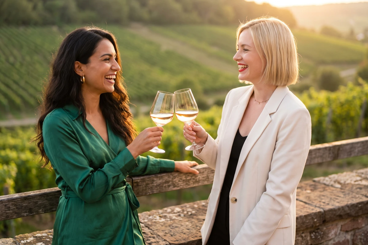 Zwei Freundinnen, eine brünett im grünen Kleid, eine blond im hellen Blazer, stoßen auf einer Terrasse über Pfälzer Weinbergen mit Blanc de Noir an
