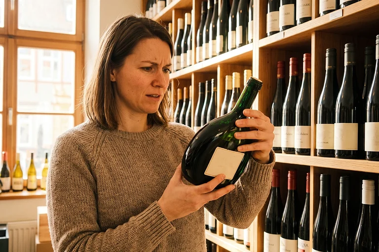 Eine Frau betrachtet in einer Vinothek stirnrunzelnd das Etikett eines Bocksbeutels mit dunklem Rotwein