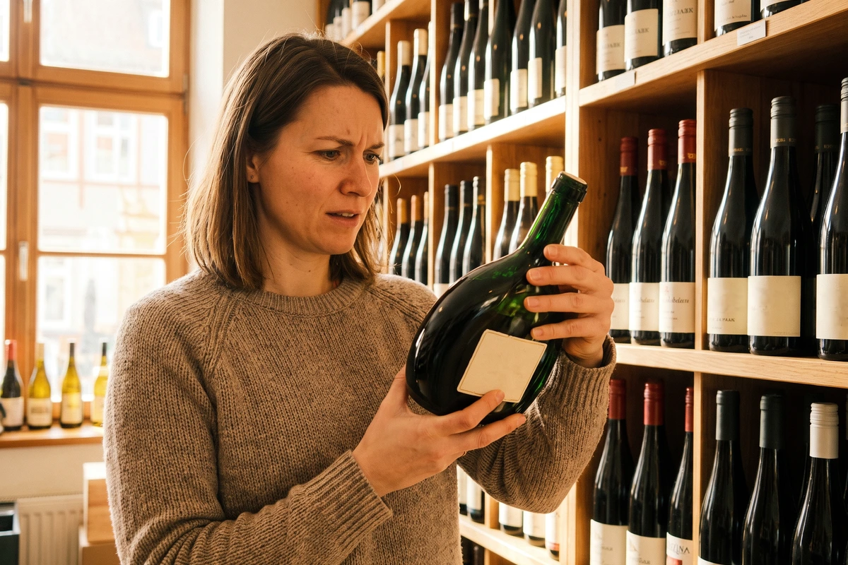 Eine Frau betrachtet in einer Vinothek stirnrunzelnd das Etikett eines Bocksbeutels mit dunklem Rotwein