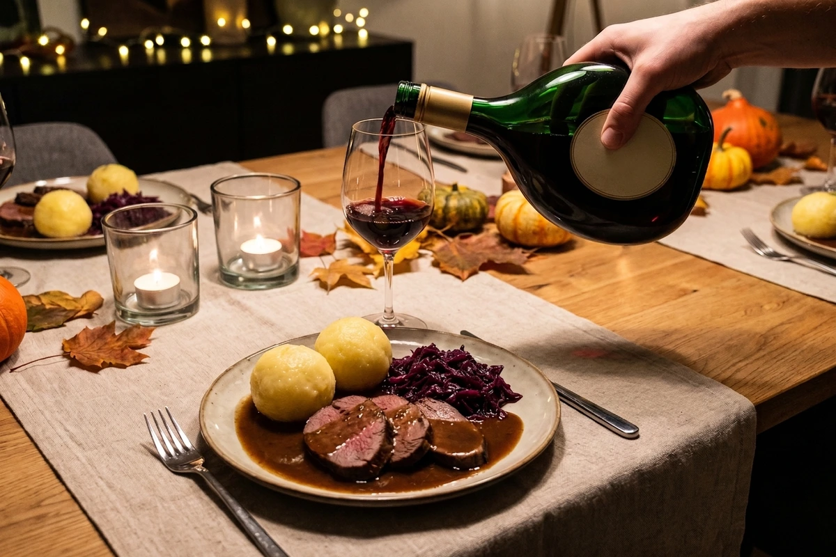 Dunkler Rotwein wird aus einem Bocksbeutel zu Rehbraten mit Knödeln und Rotkohl eingeschenkt