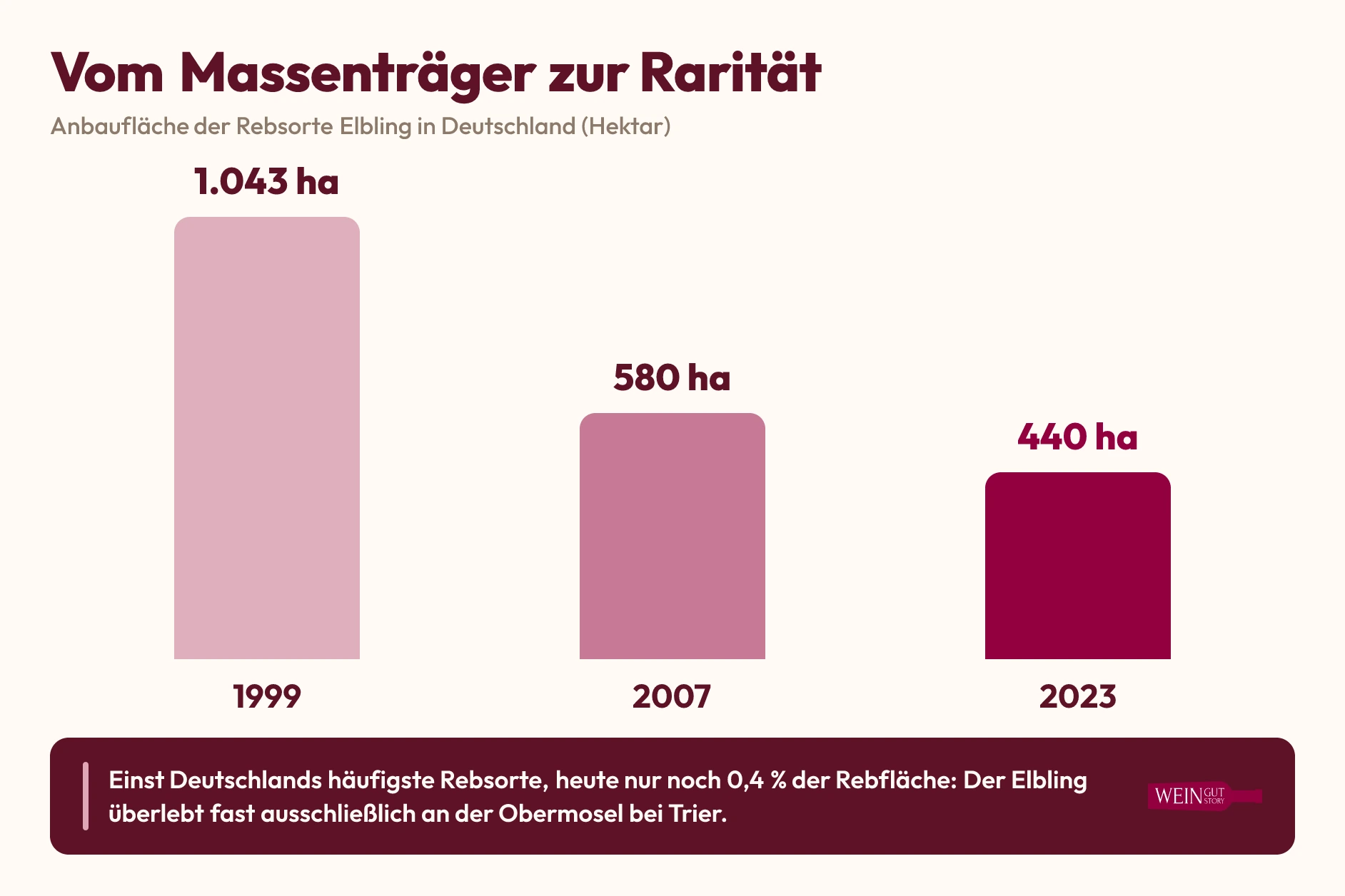 Rückgang der Elbling-Anbaufläche in Deutschland von 1.043 Hektar 1999 über 580 Hektar 2007 auf 440 Hektar 2023