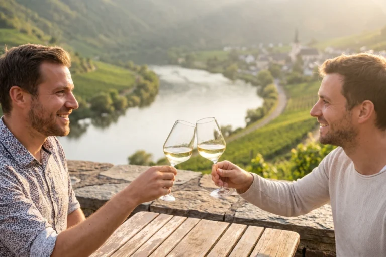 Zwei Menschen stoßen an einem Sommerabend auf einer Terrasse über den Weinbergen der Obermosel mit gut gekühltem Elbling an