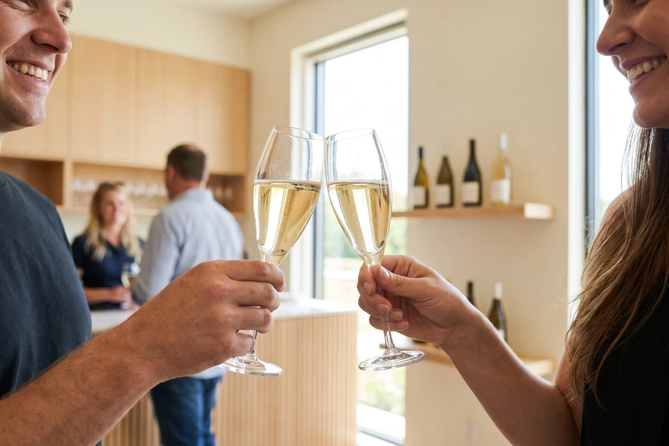 Zwei Freunde stoßen in einer hellen Vinothek mit Elbling-Winzersekt in Sektgläsern an