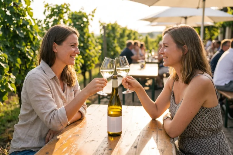 Zwei Frauen stoßen auf einer sommerlichen Weingut-Terrasse mit Gelbem Muskateller im Stielglas an