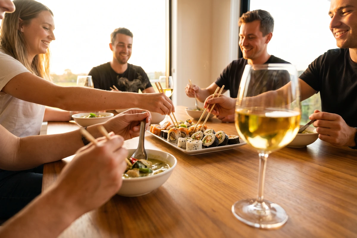 Freunde essen Thai-Curry und Sushi, davor ein Glas Gewürztraminer