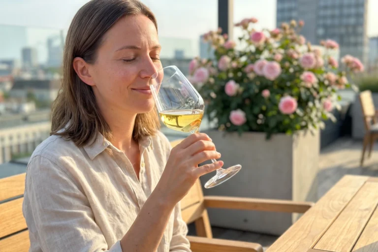 Frau riecht auf einer Terrasse an einem Glas Gewürztraminer, im Hintergrund blühende Rosen