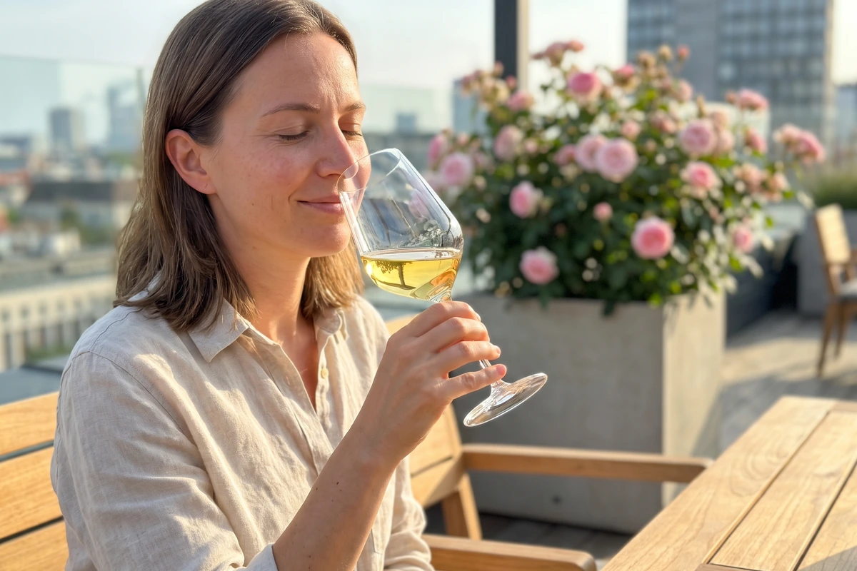 Frau riecht auf einer Terrasse an einem Glas Gewürztraminer, im Hintergrund blühende Rosen