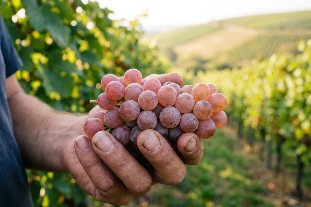 Hand hält eine reife Gewürztraminer-Traube mit rötlichen Beeren im Weinberg