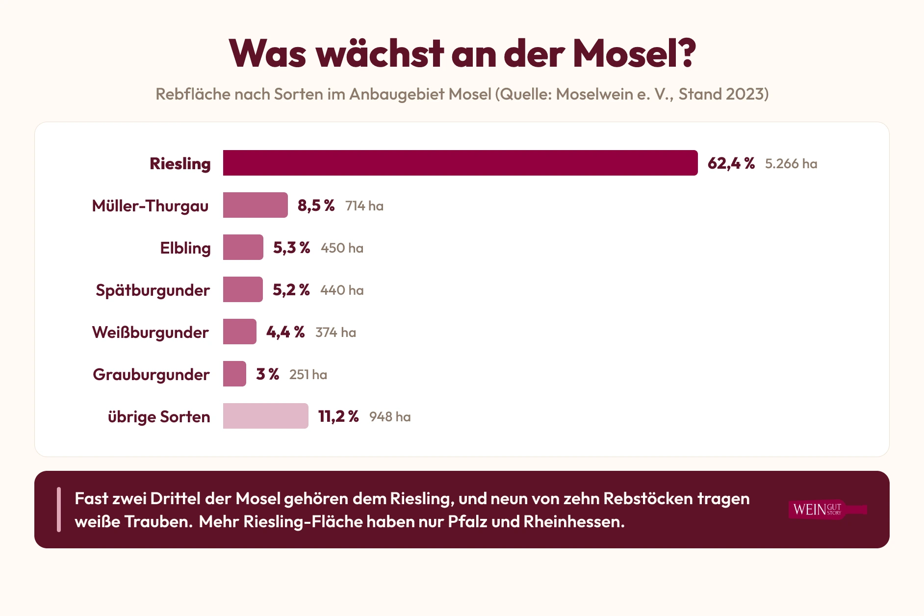 Infografik zur Rebsortenverteilung an der Mosel mit Riesling bei 62,4 Prozent