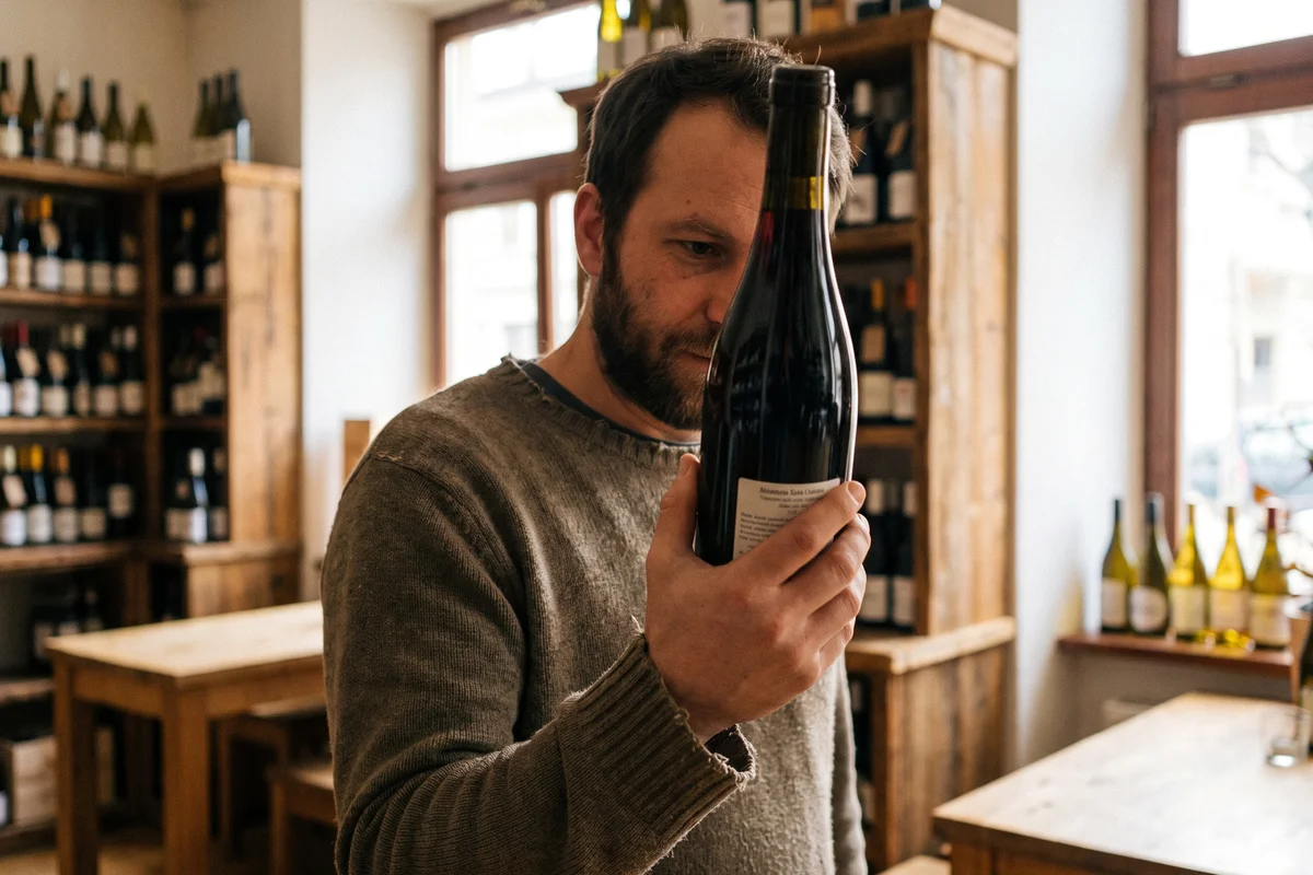 Ein Mann liest in einer Vinothek das Rücketikett einer Weinflasche