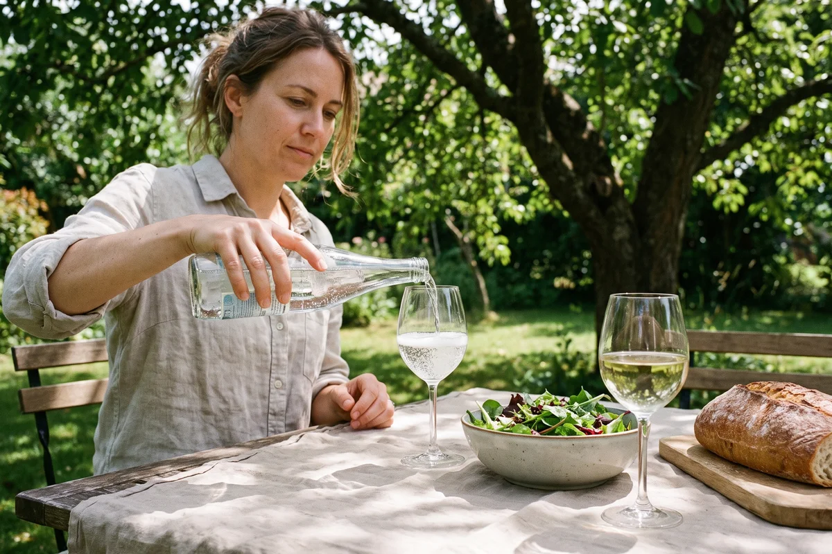 Eine Frau gießt Mineralwasser in ein Glas Weißwein und mischt sich im Garten eine Weinschorle