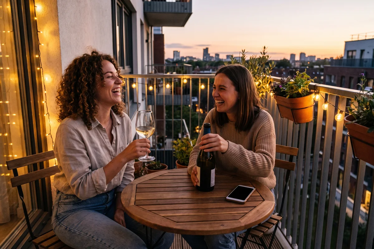 Zwei Freundinnen stoßen abends auf einem Balkon mit einem Glas Weißwein an, daneben ein Smartphone