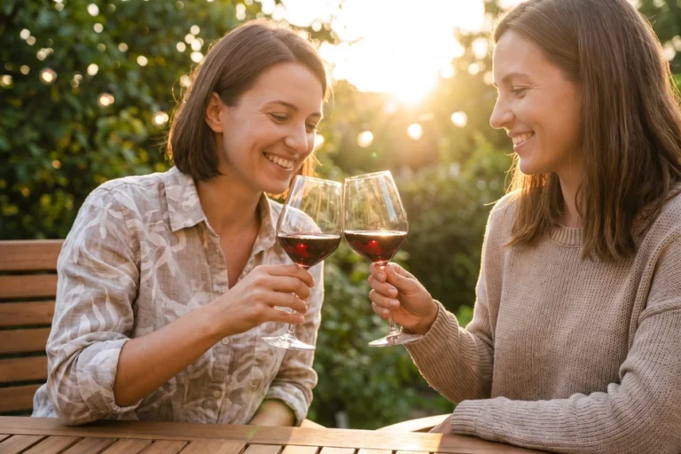 Zwei Freundinnen stoßen an einem sommerlichen Abend mit Rotwein aus Stielgläsern an