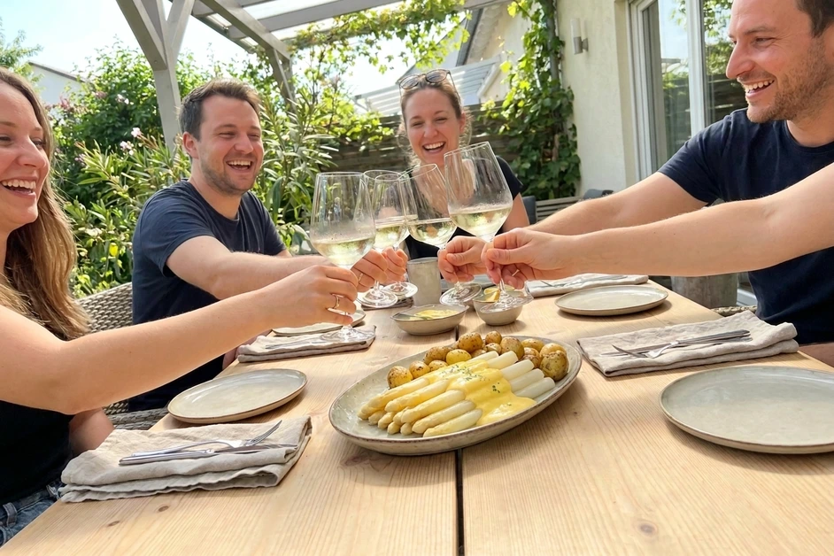 Freunde am gedeckten Terrassentisch mit Spargelgericht und kühlen Gläsern Müller-Thurgau