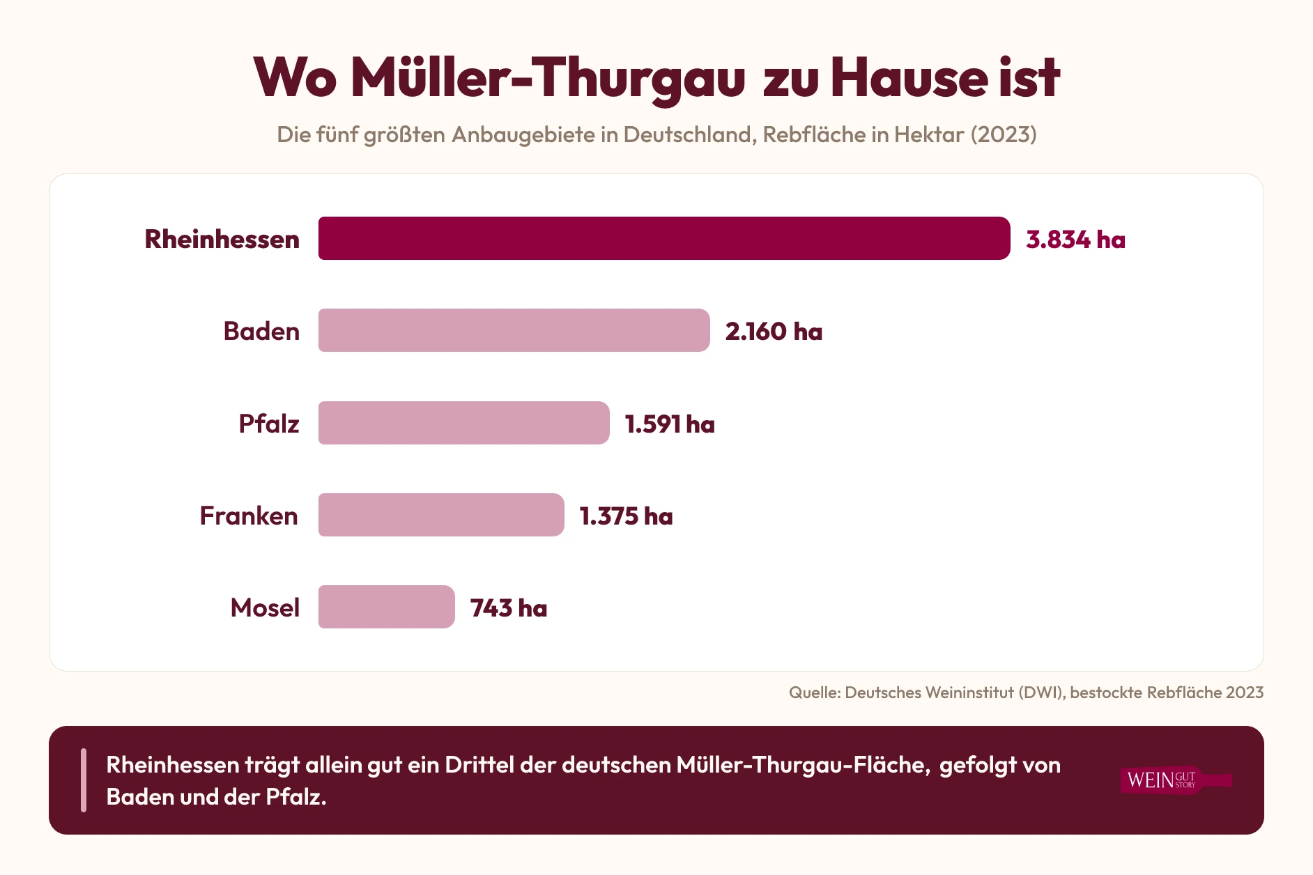 Infografik: Die fünf größten Müller-Thurgau-Anbaugebiete Deutschlands, angeführt von Rheinhessen mit 3.834 Hektar