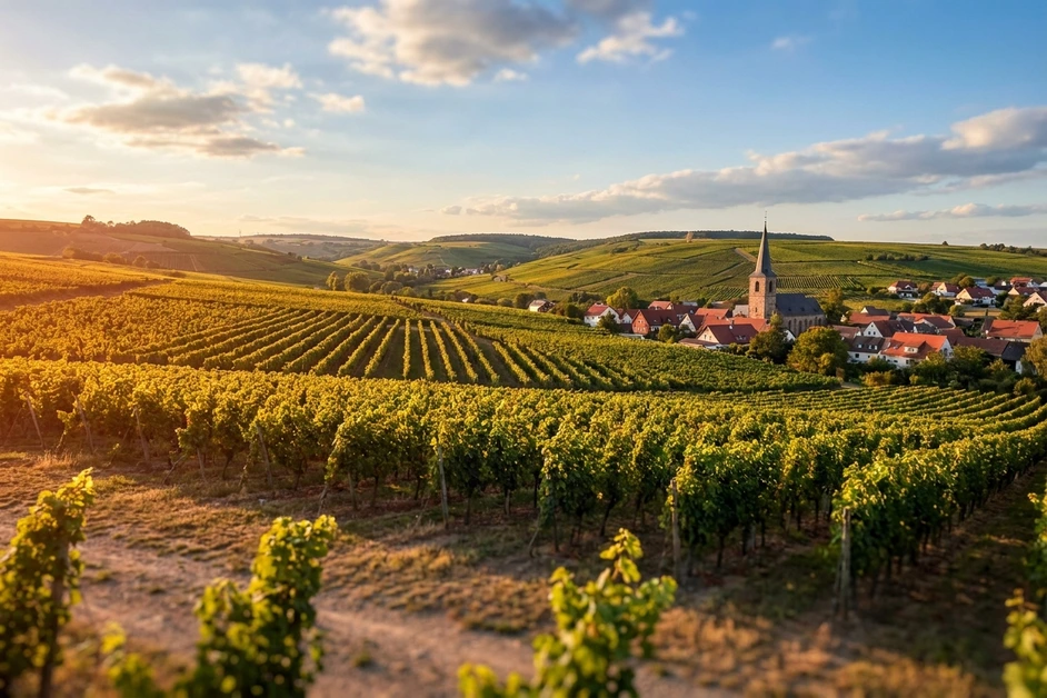Sanfte Rebhügel in der Weinregion Rheinhessen im warmen Abendlicht