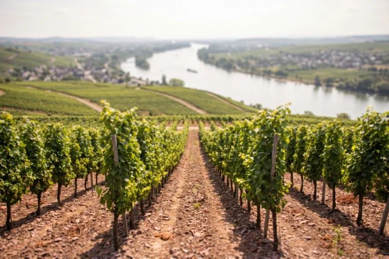 Steile Rieslingweinberge am Roten Hang bei Nierstein mit rötlichem Boden und dem Rhein im Hintergrund