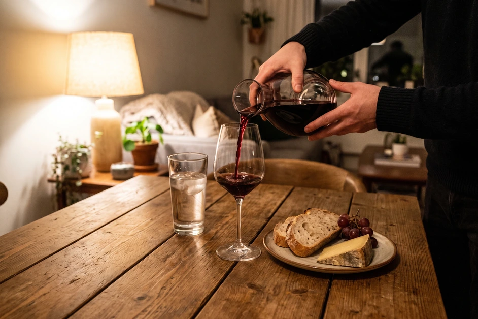 Rotwein wird abends zu Brot und Käse in ein Stielglas gegossen, daneben steht ein großes Glas Wasser