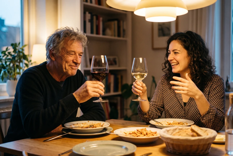 Ein älterer Mann mit einem Glas Rotwein und eine jüngere Frau mit einem Glas Weißwein stoßen bei einem gemeinsamen Essen an