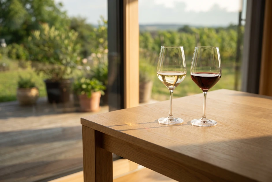 Ein Glas Weißwein und ein Glas Rotwein nebeneinander auf einem hellen Holztisch mit Weinbergblick