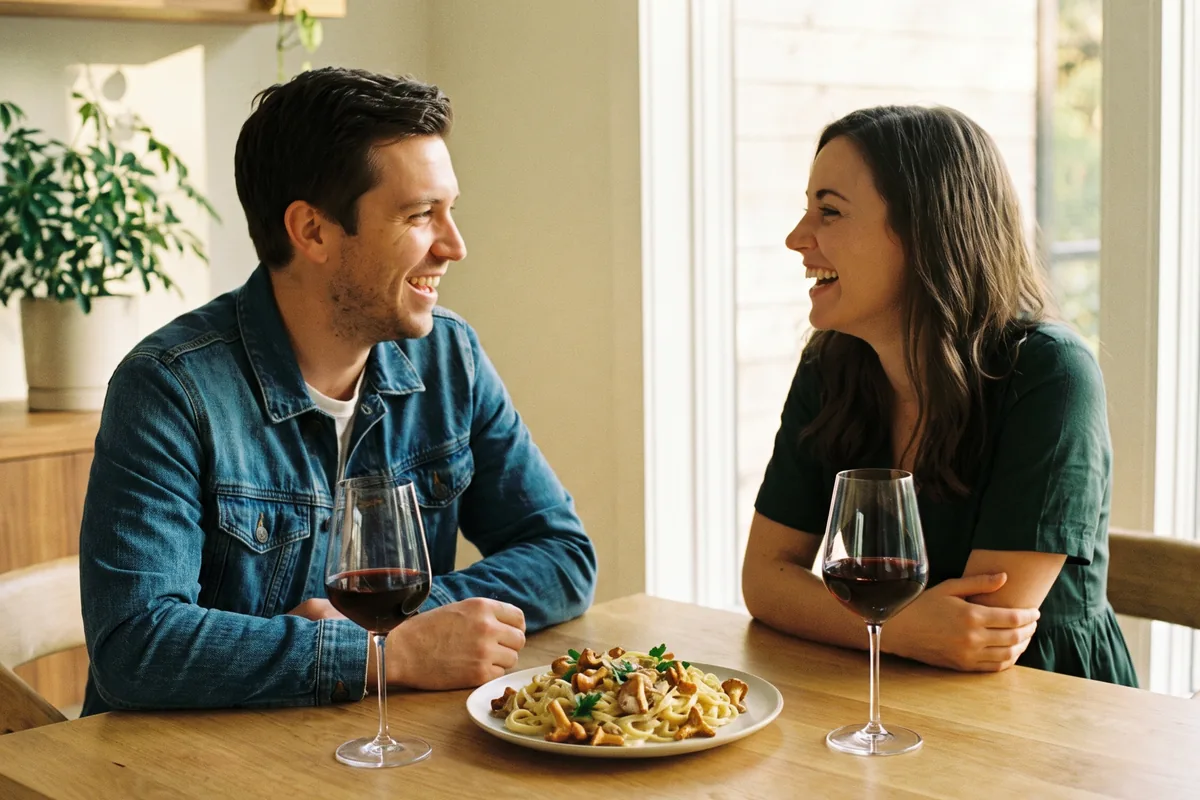 Paar am Esstisch mit Pfifferlingspasta und zwei Gläsern Rotwein