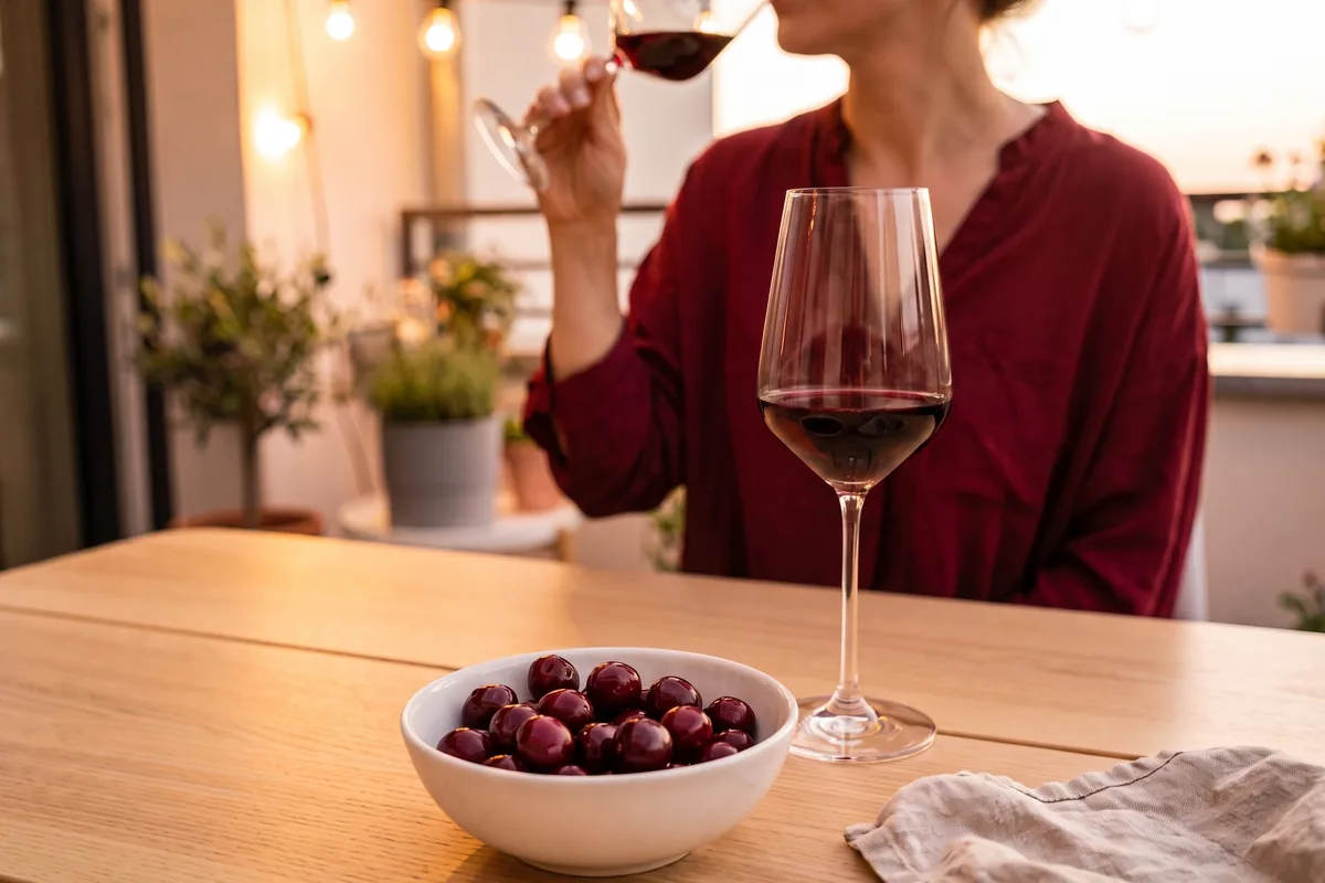 Schale mit Sauerkirschen neben einem Glas dunkelrotem Wein auf einer Terrasse, Frau in bordeauxroter Bluse im Hintergrund