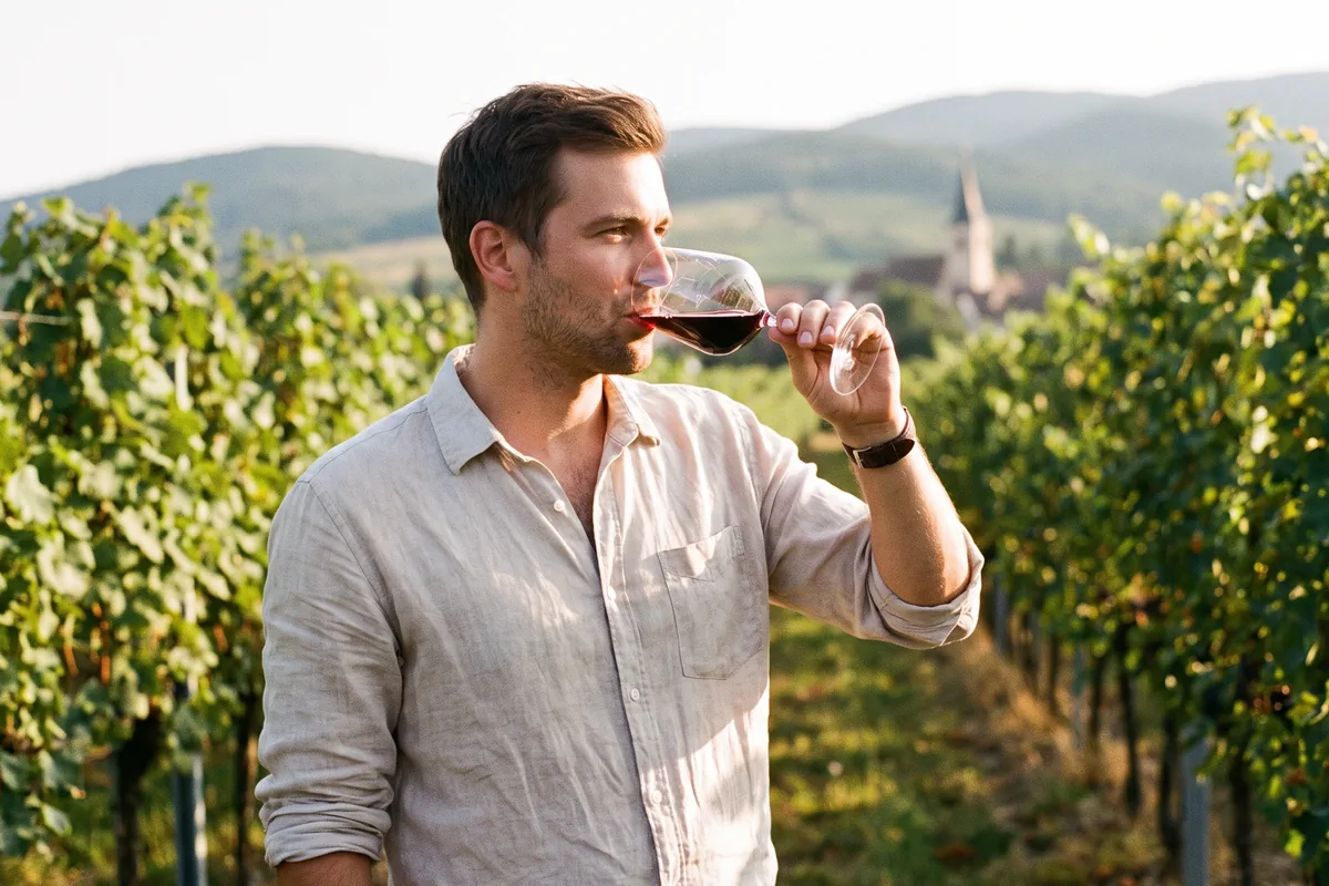 Mann im Leinenhemd trinkt im spätsommerlichen Weinberg der Pfalz ein Glas Rotwein