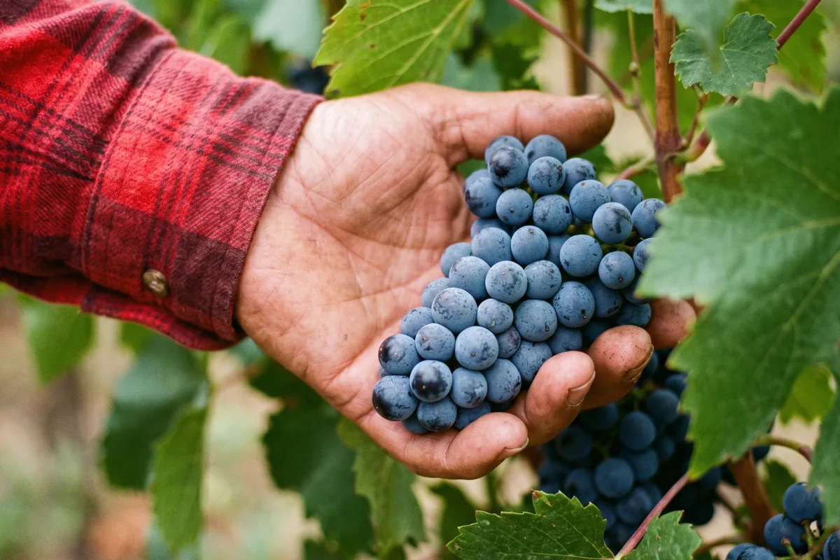 Hand eines Winzers hält eine dichte, kleinbeerige dunkelblaue Traube am Rebstock