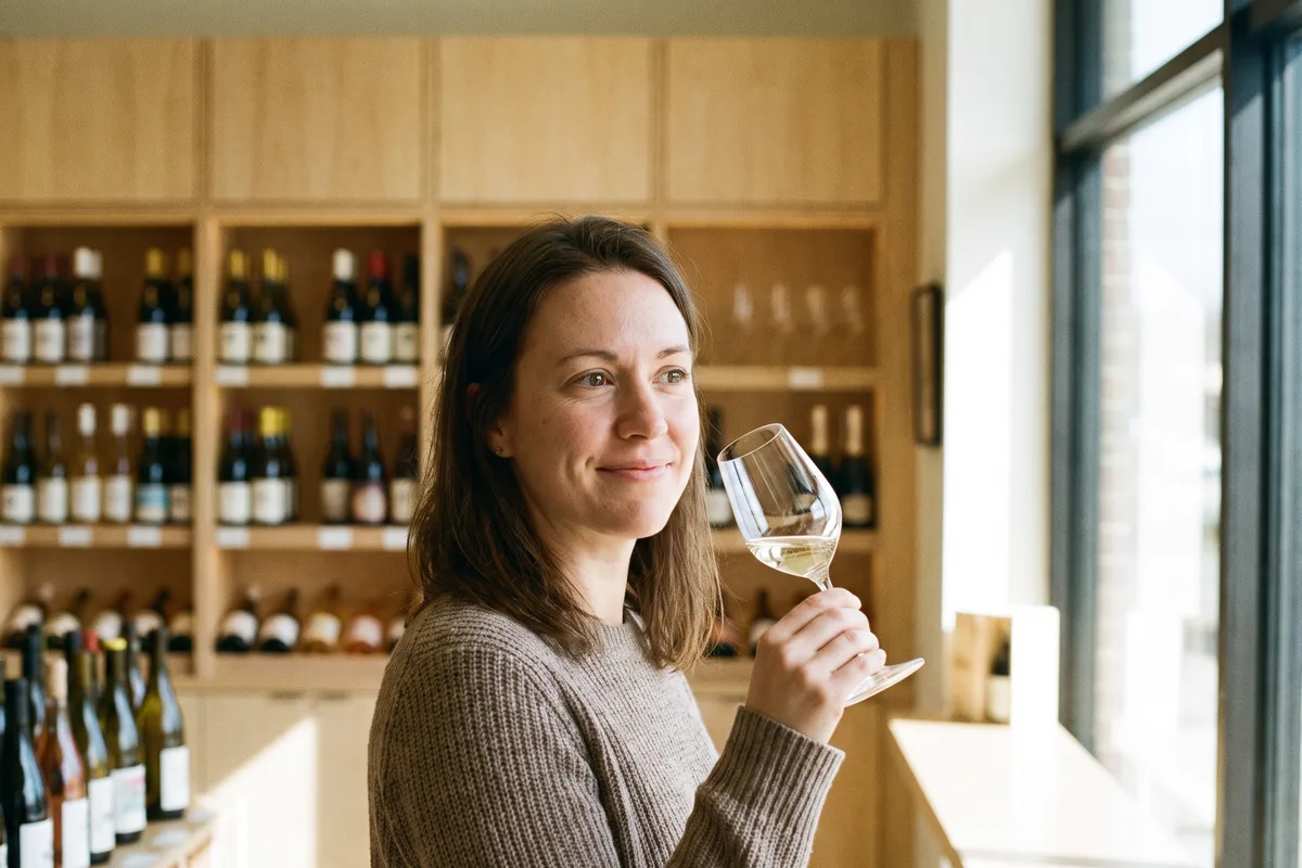 Junge Frau probiert in einer hellen Vinothek ein Glas Weißwein, im Hintergrund Regale mit Weinflaschen