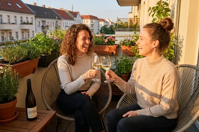 Zwei Frauen stoßen auf einem Balkon im Abendlicht mit Müller-Thurgau in Weißweingläsern an