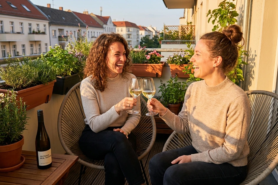 Zwei Frauen stoßen auf einem Balkon im Abendlicht mit Müller-Thurgau in Weißweingläsern an