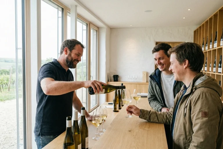 Winzer schenkt bei einer Weinprobe in der hellen Vinothek Weißwein für zwei Gäste ein