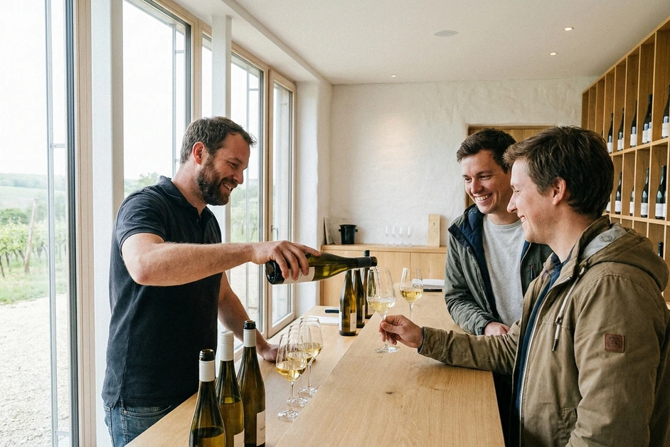 Winzer schenkt bei einer Weinprobe in der hellen Vinothek Weißwein für zwei Gäste ein