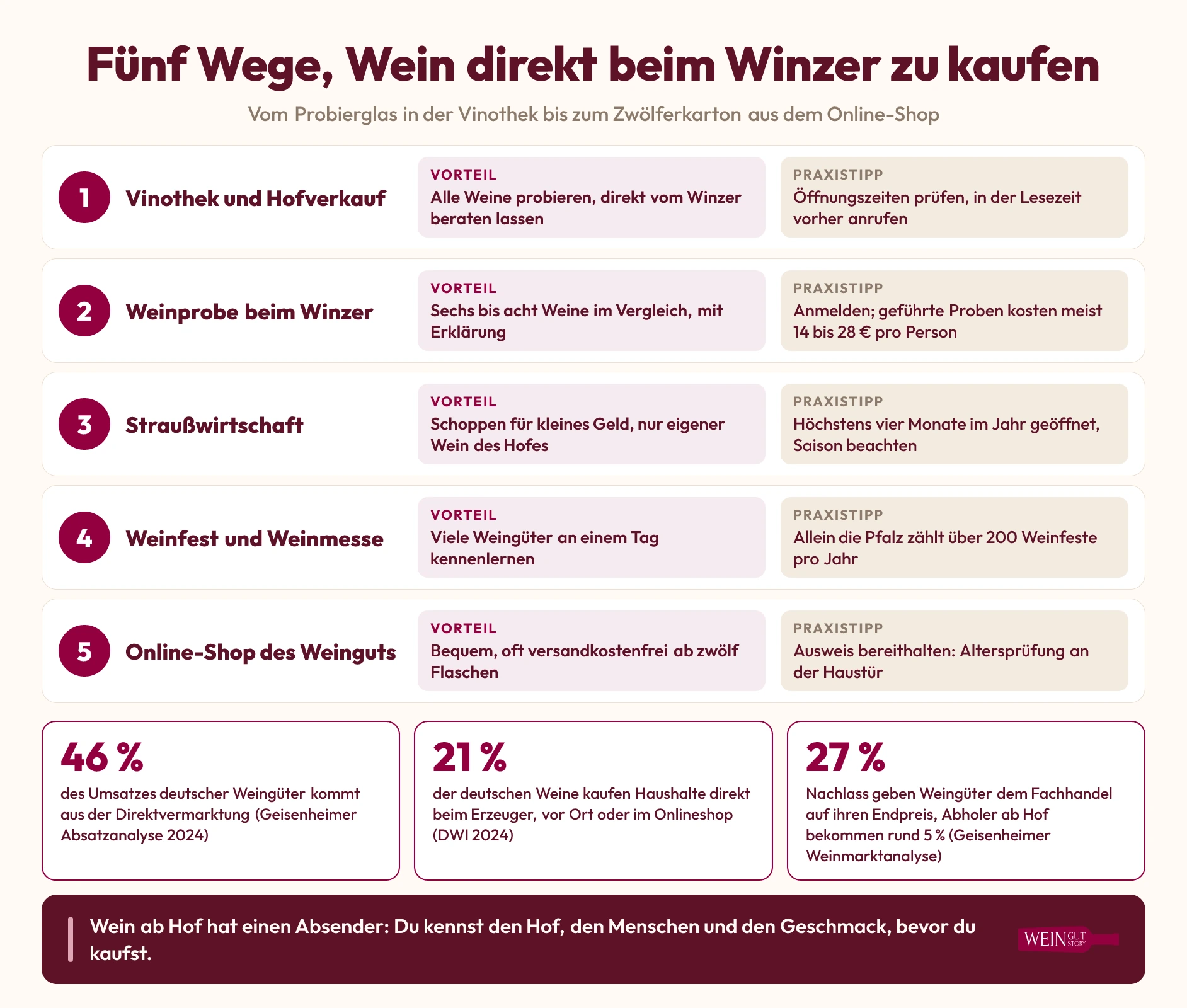 Infografik: Fünf Wege, Wein direkt beim Winzer zu kaufen, mit Vorteil und Praxistipp je Weg sowie Kennzahlen zur Direktvermarktung