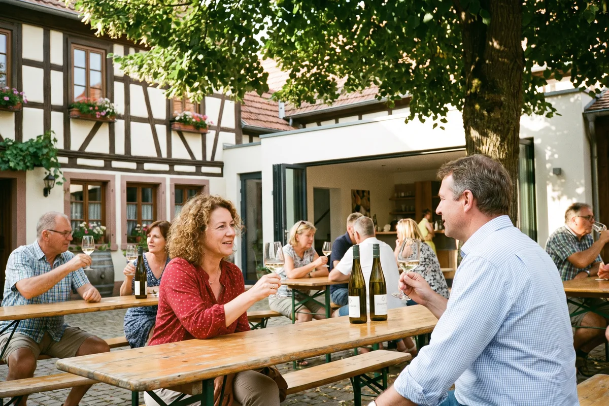 Gäste sitzen im Innenhof eines Weinguts unter einer Linde an Holztischen und trinken Wein