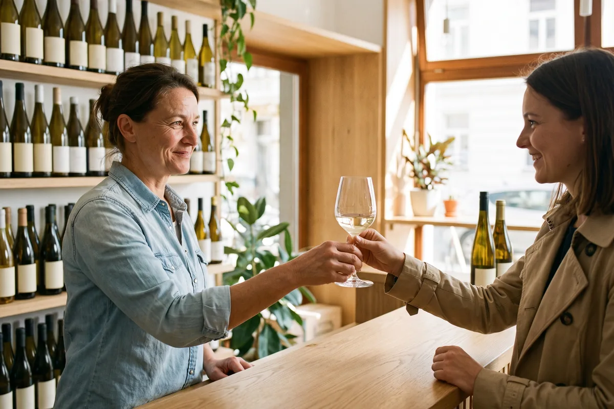 Winzerin reicht einer Kundin in der Vinothek ein Glas Weißwein zum Probieren