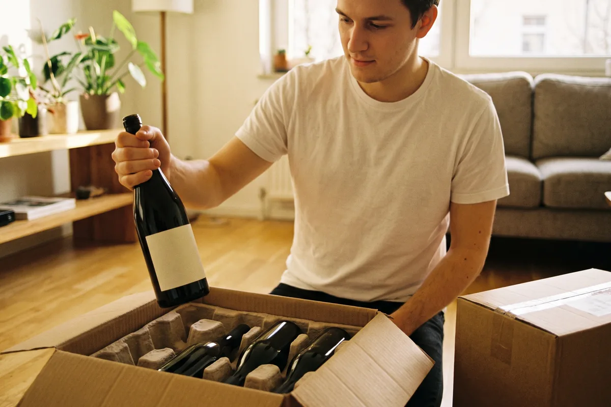 Junger Mann packt in seinem Wohnzimmer einen Weinversandkarton mit sechs Flaschen aus