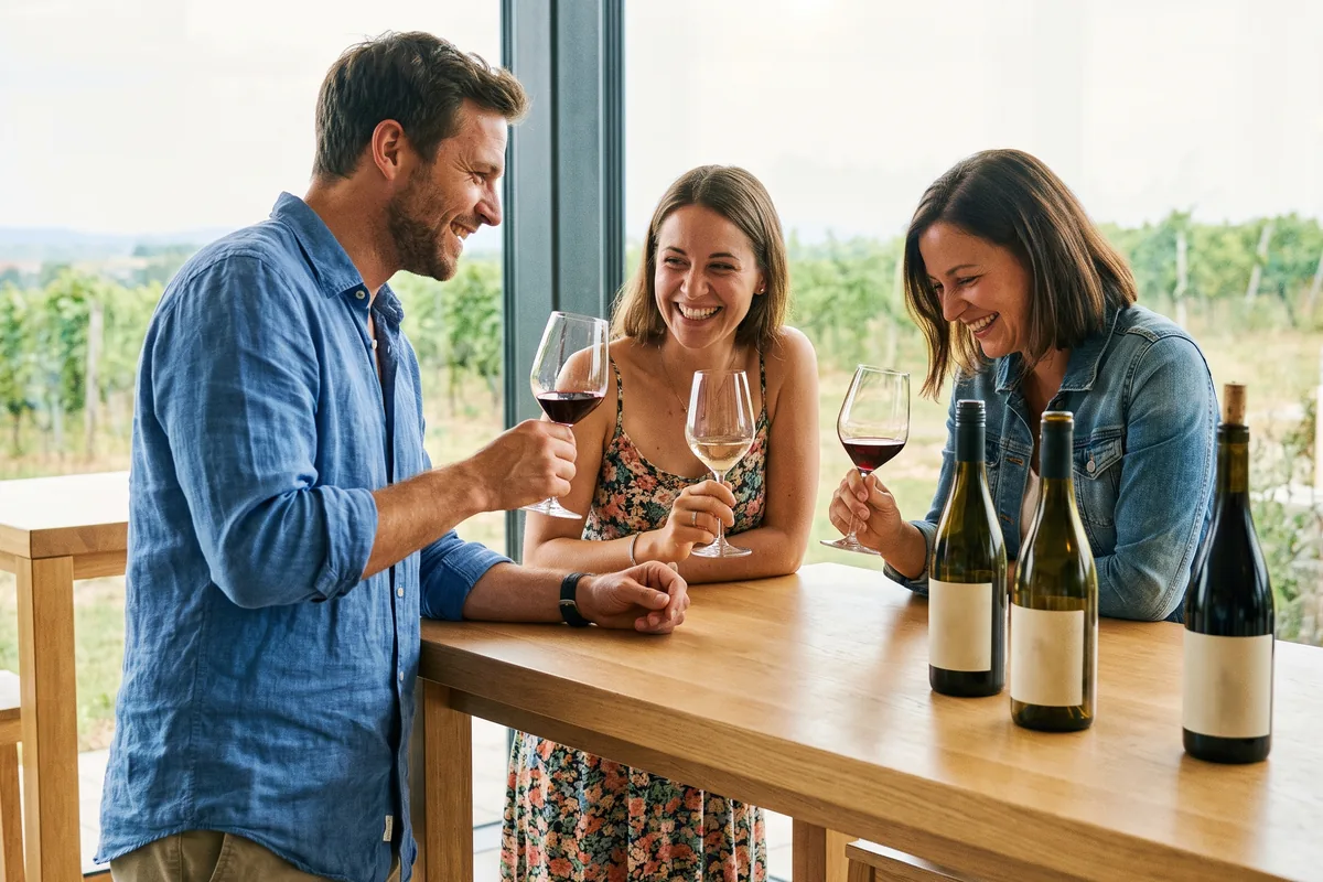 Drei Freunde vergleichen bei einer Weinprobe im Weingut Rot- und Weißwein in Stielgläsern, Weinberge im Hintergrund