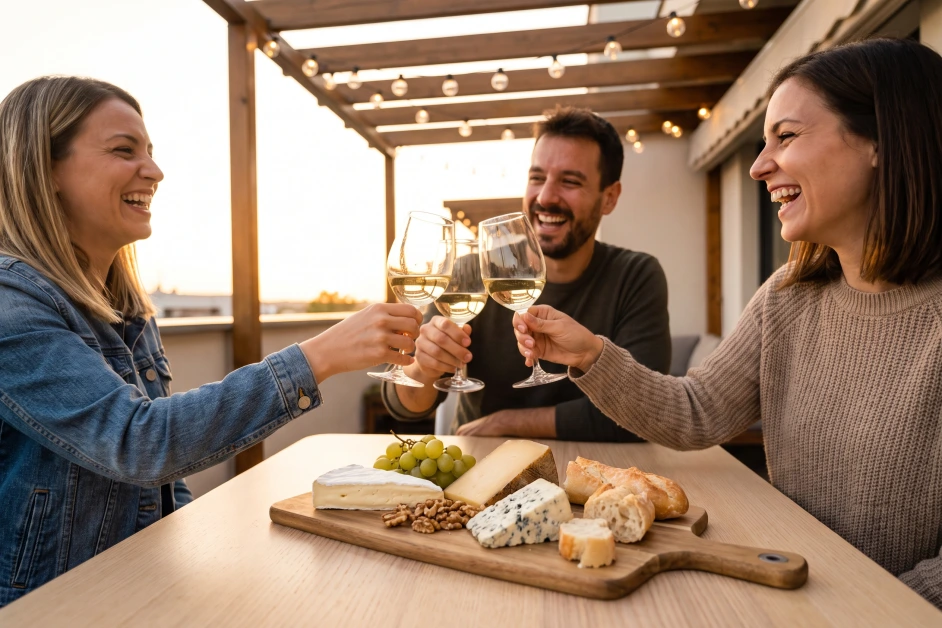 Freunde stoßen am Abend mit Weißwein über einer reich gedeckten Käseplatte an