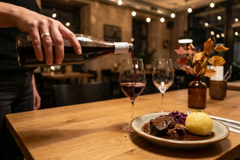 Rotwein wird im Restaurant zu Wildschweinbraten mit Knödel und Rotkohl eingeschenkt