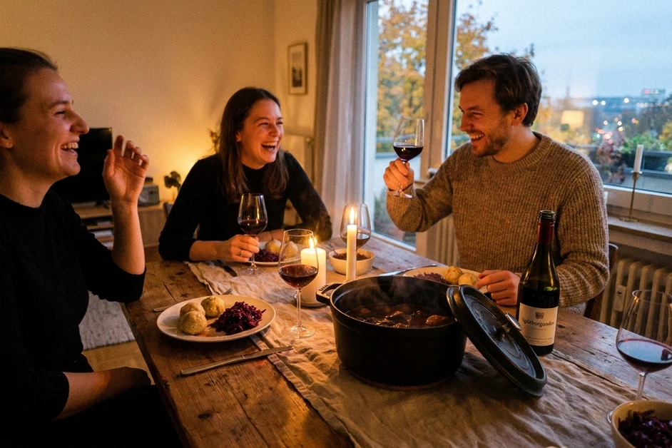 Freunde stoßen beim herbstlichen Wildessen mit Spätburgunder an