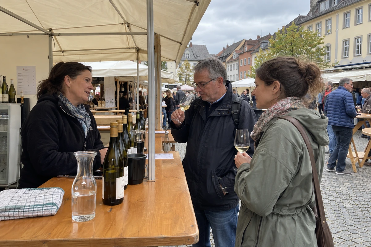Zwei Erwachsene probieren Weißwein an einem Weinstand unter bewölktem Himmel