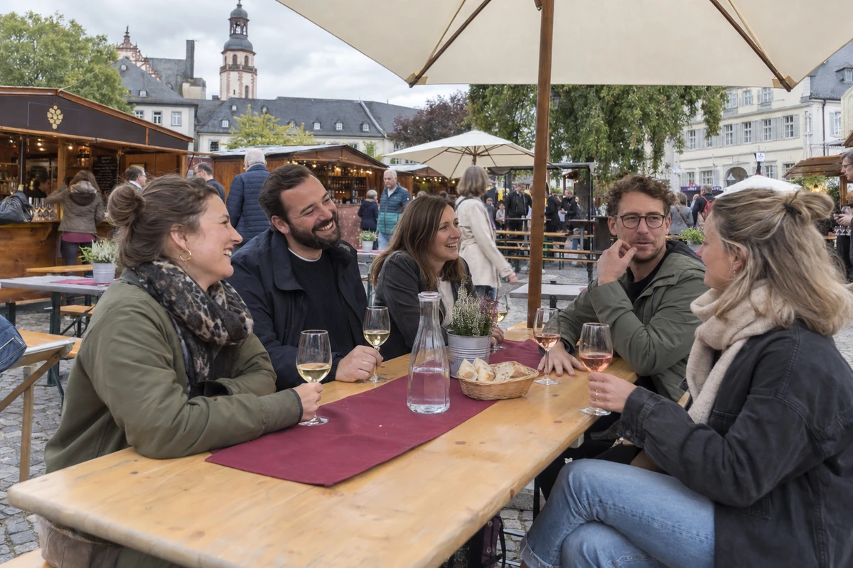 Fünf Erwachsene sitzen mit Weingläsern an einem Tisch auf einem Weinfest bei bewölktem Wetter