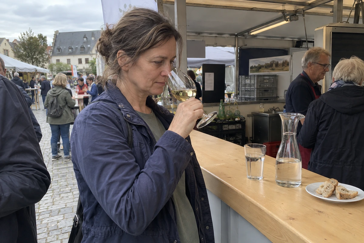 Eine Besucherin riecht an einem Glas Weißwein am Weinstand; Wasser und Brot stehen auf dem Tresen