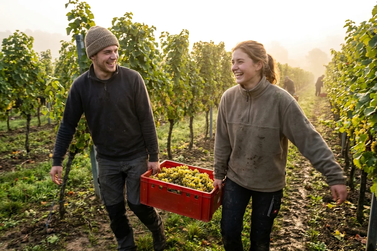 Zwei Lesehelfer tragen lachend eine rote Kiste voller heller Trauben durch einen Weinberg im Morgenlicht