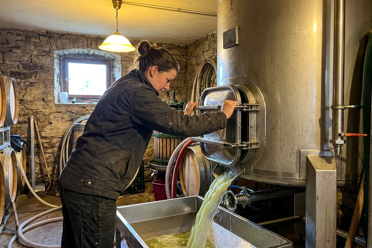 Winzerin öffnet die Klappe einer Weinpresse, frischer Most läuft in eine Edelstahlwanne