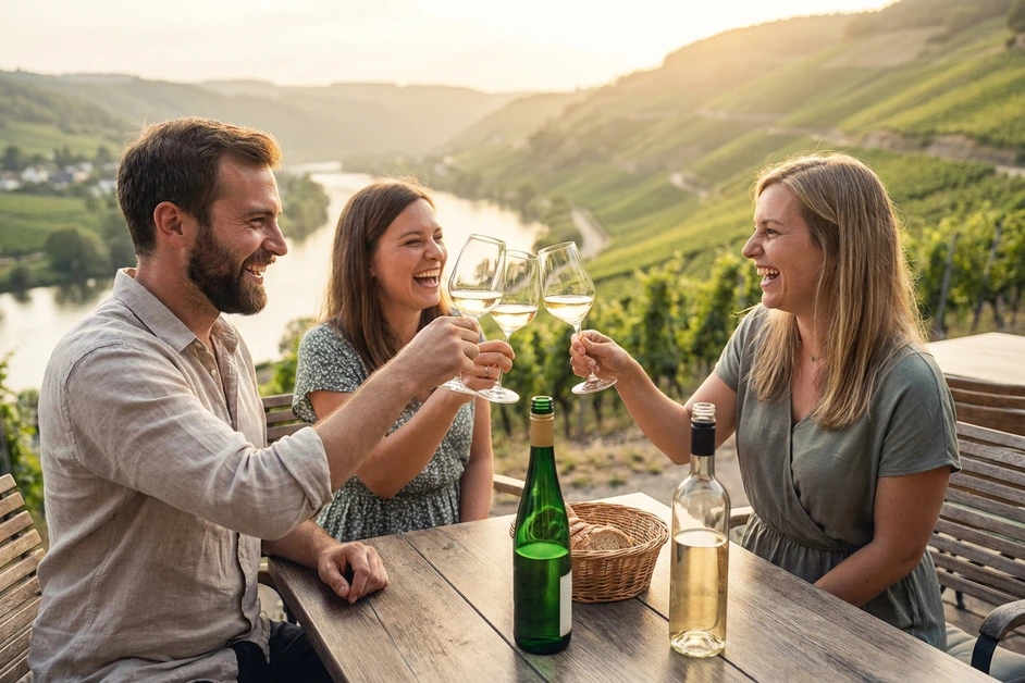 Weinregion Mosel: Drei Freunde stoßen bei einer Weinprobe mit Riesling über dem Moseltal an